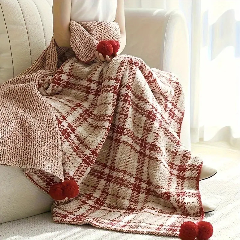 Vintage Nordic Plaid Fleece Throw with Pom-Poms - Perfect for All Seasons - 66.93inch X 45.28inch | Temu Affiliate Program