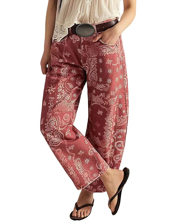 loveimgs Women Boyfriend Baggy Barrel Jeans Floral Print Denim Ankle Pants Wide Leg Mid Rise Jean... | Amazon (US)