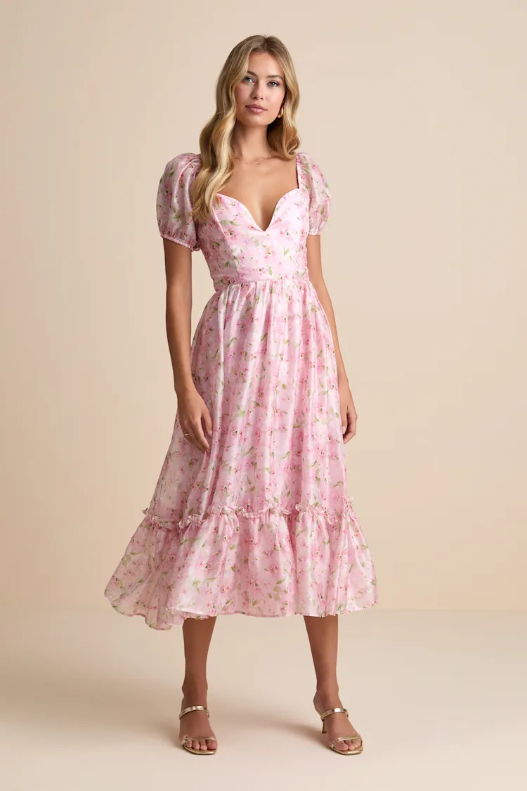 Sincerely Wondrous Pink Floral Puff Sleeve Tiered Midi Dress | Lulus