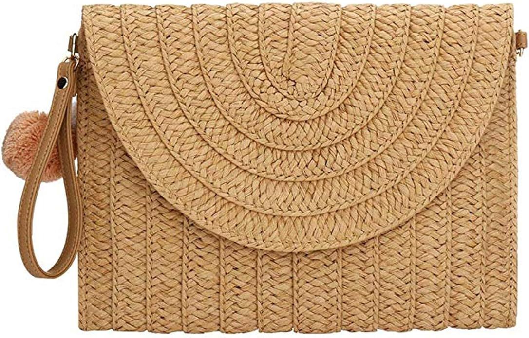 Byinns Straw Clutch Handbag for Women with Pom Pom Strap Bohe Clutch Bag Purse Wallet for Summer ... | Amazon (US)