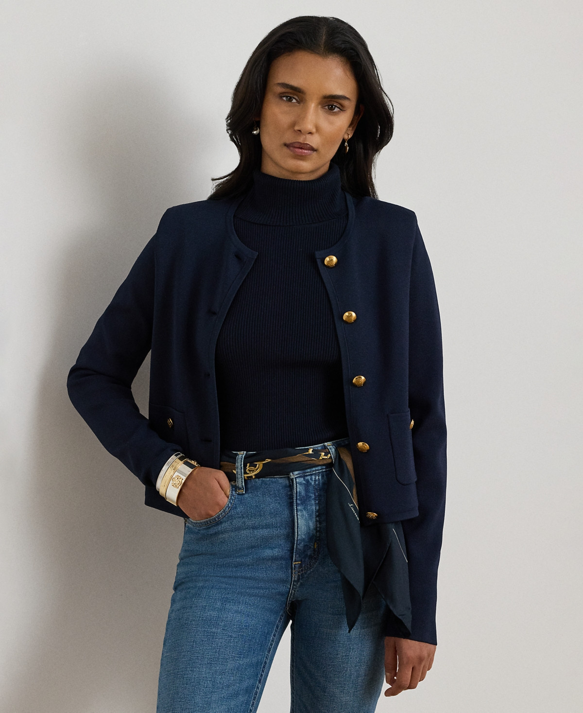 Lauren Ralph Lauren Petite Cropped Crewneck Sweater Jacket - Lauren Navy | Macy's