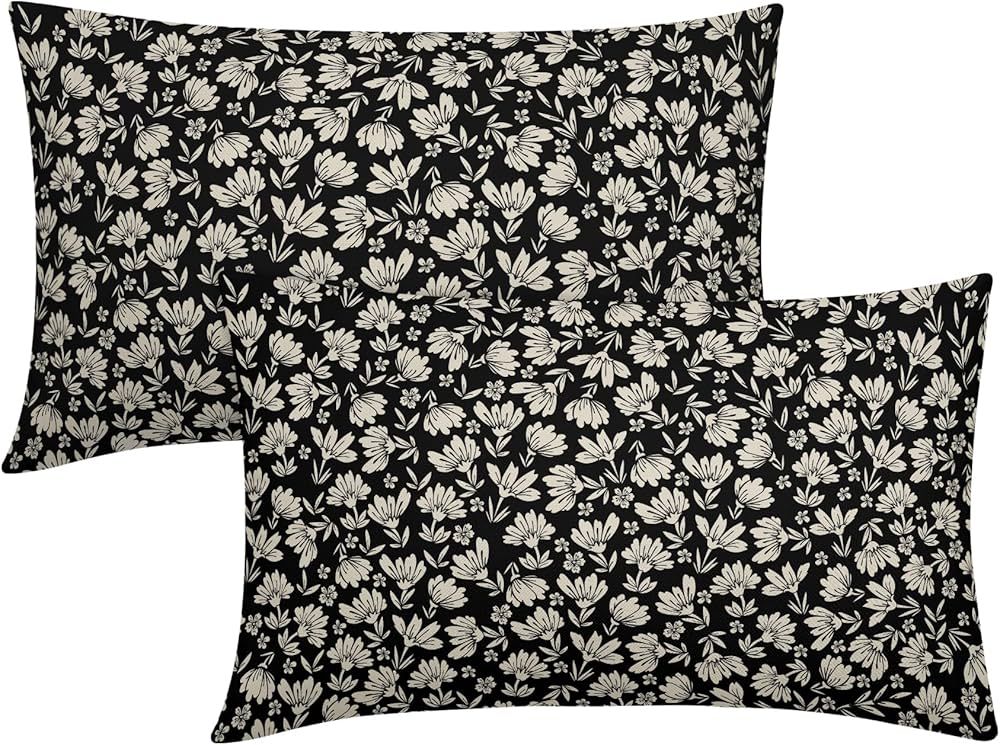 Black Brown Daisy Floral Block Print Lumbar Pillow Covers 12X20 Inch Vintage Flowers Decorative P... | Amazon (US)