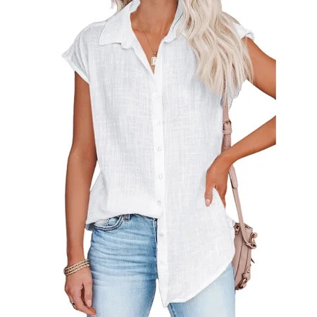 Women Button Up Shirt Short Sleeve Pure Bright Color Loose Casual Women Short Sleeve Blouse for Outing Office Party White M | Walmart (US)