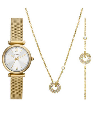 Women's Carlie Three-Hand, Gold-Tone Stainless Steel Bracelet Watch, 28mm and Jewelry Set | Macy's