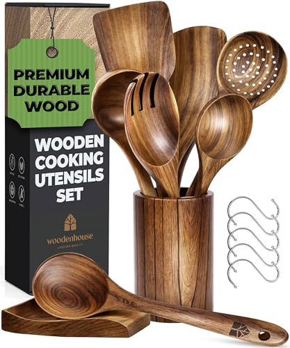 8 Pcs Teak Wooden Utensil Set with Holder, Spoon Rest & 6 Hooks - Durable Wooden Spoons for Cooking with Comfort Grip - Effortless Clean, Non-Stick Friendly | Amazon (US)