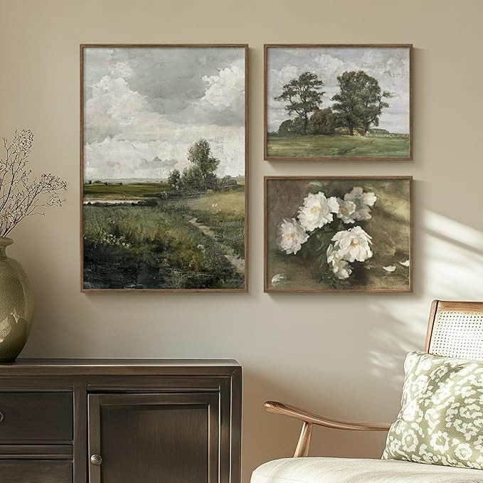 3 Piece Framed Vintage Canvas Wall Art Set, Large Green Floral and Tree Landscape Farmhouse Paint... | Amazon (US)