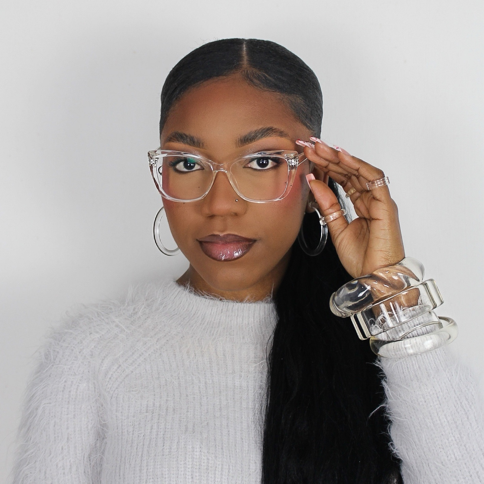 Natural makeup products. Soft glam makeup products. Mini clear hoop earrings. Clear eyeglasses. Banana powder. Iridescent lipgloss. Kylie cosmetics lipgloss. Pink lipgloss. Holiday lipgloss. Pink blush. Holiday makeup. NYE makeup. Clear accessories. Clear bracelets. Clear chunky rings. Clear jewelry. 

#LTKHoliday #LTKbeauty #LTKU