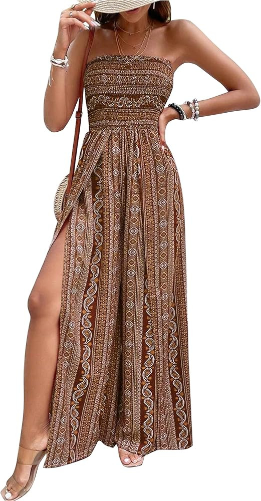 Lauweion Strapless Wide Leg Boho Printed Jumpsuits for Women One Piece 2025 Summer Colorful Split... | Amazon (US)
