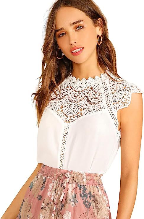 SheIn Women's Elegant Cap Sleeve Keyhole Contrast Lace Blouses Tops | Amazon (US)