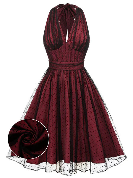 Red 1950s Dots Mesh Swing Dress | Retro Stage