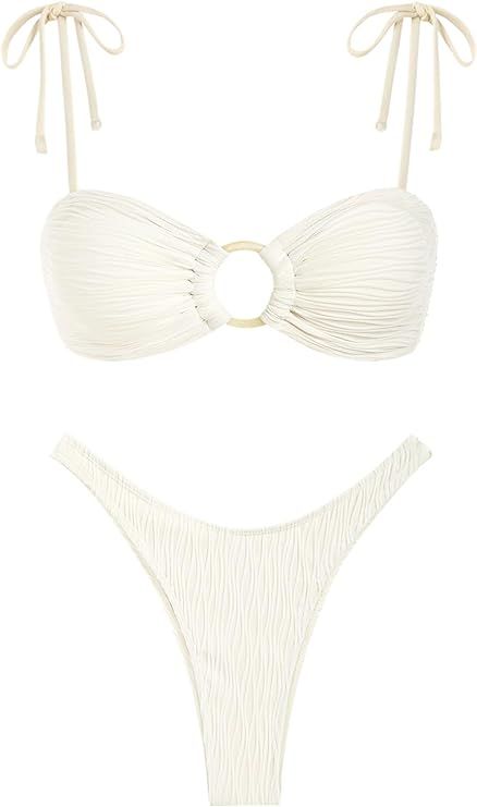 ZAFUL Women's Sexy Tie Spaghetti Strap Bikini Textured O Ring Ruched High Leg Swimsuit Cheeky Bat... | Amazon (US)