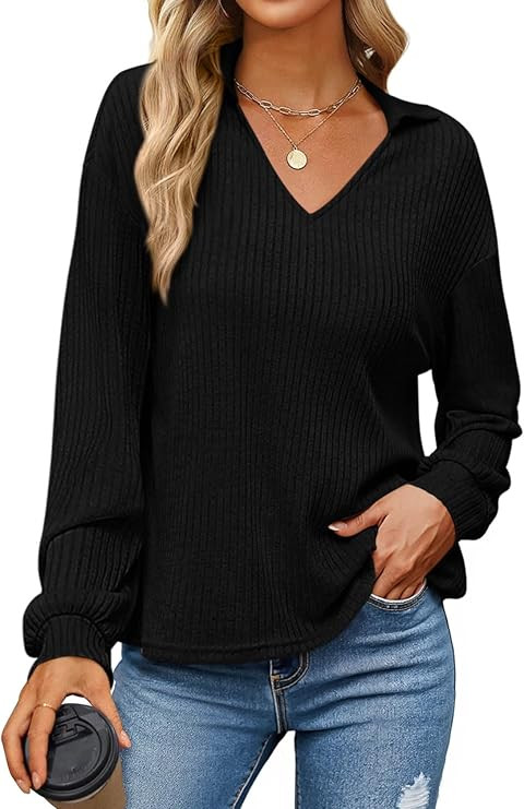 KIRUNDO Long Sleeve Shirts for Women 2025 Fall Fashion Outfits Going Out Tops Collar V Neck Blous... | Amazon (US)
