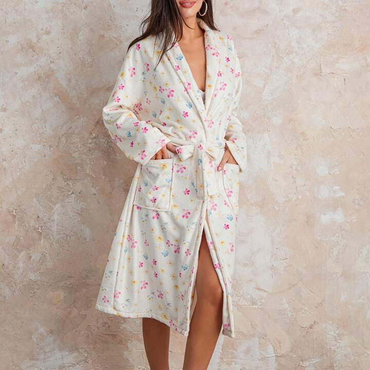 Women Soft Fleece Long Belted Robe Floral Fruit Print Plush Shawl Collar Bathrobe Warm Lounge Rob... | SHEIN