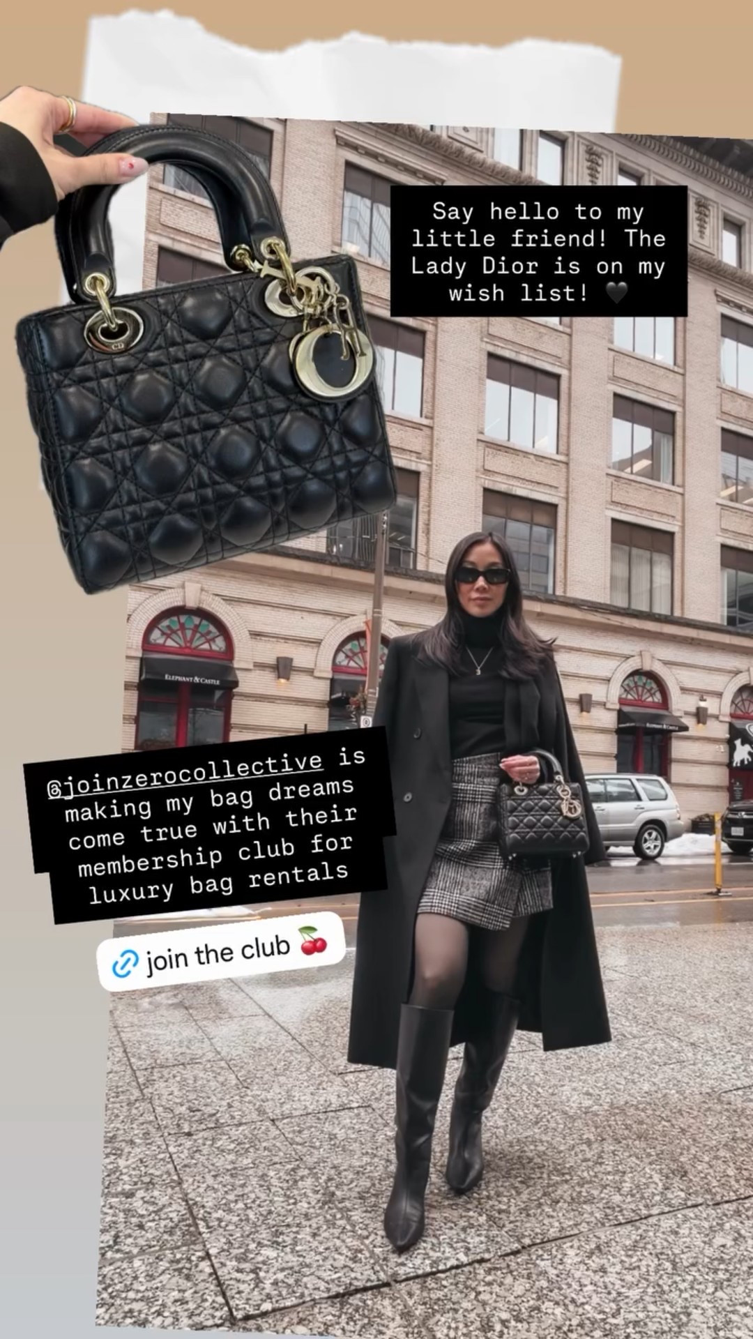 Say hello to my little friend! The Lady Dior is on my wish list! 🖤  Styling it here in a classy workwear look with checkered skirt and black roll neck from @Commense and wool coat from @Aritzia and boots from @Zara 

#LTKootd #LTKWorkwear #LTKgrwm