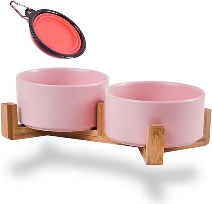 Petygooing Dog Bowls,Pink Ceramic Cat Dog Bowl Set with Wood Stand for Food and Water,Non-Slip Cu... | Amazon (US)