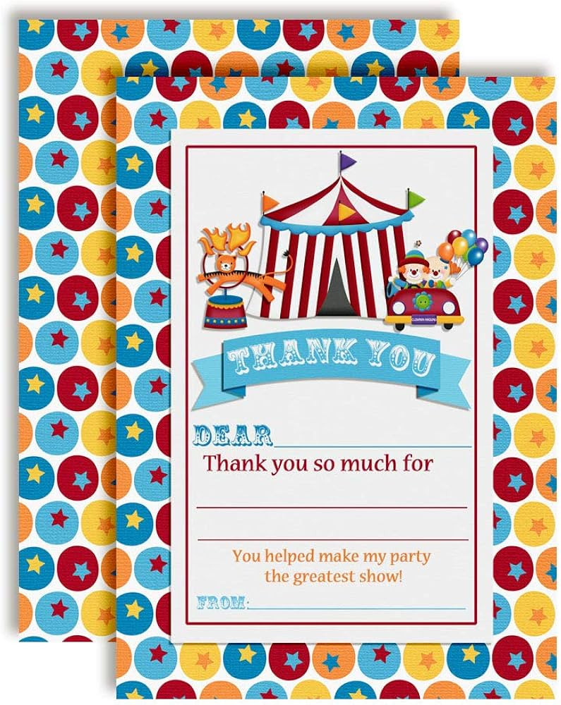 Circus Carnival Birthday Thank You Notes for Kids, Ten 4" x 5.5" Fill In The Blank Cards with 10 ... | Amazon (US)