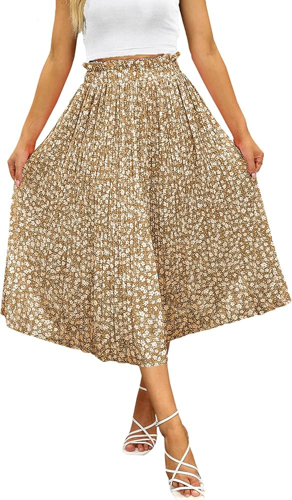Naggoo Women's Skirts High Elastic Waisted Casual Skirt Pleated Floral/Solid Midi Skirts with Poc... | Amazon (US)