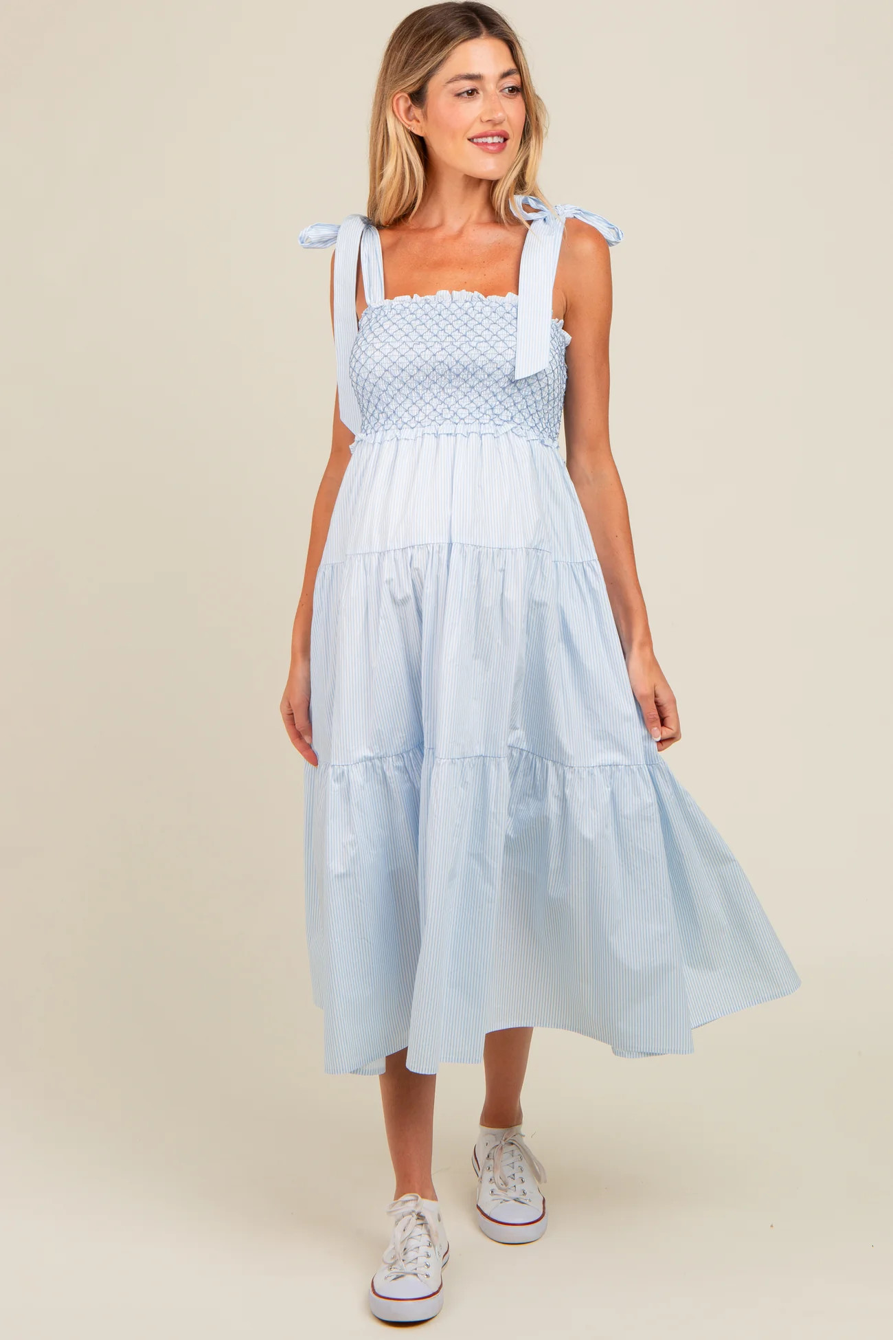 Blue Striped Smocked Tie Strap Maternity Midi Dress | PinkBlush Maternity