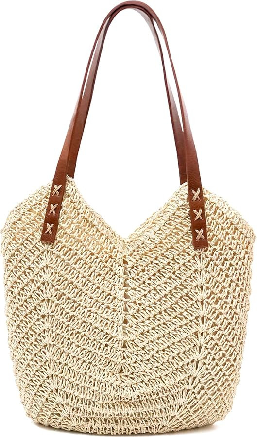Straw Beach Bag for Women Large Straw Tote Bag with Zipper Summer Woven Bag Travel Straw Shoulder... | Amazon (US)