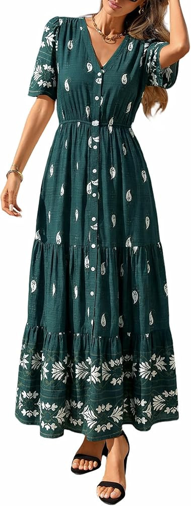 PRETTYGARDEN Womens Summer Boho Maxi Dress 2026 Trendy Short Sleeve V Neck Flowy Beach Floral Dre... | Amazon (US)