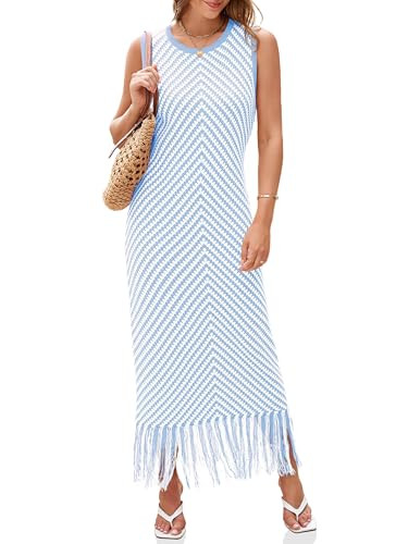 Wenrine Womens Summer Crochet Knit Dress Sleeveless Casual Striped Tassel Tank Sweater Boho Maxi ... | Amazon (US)