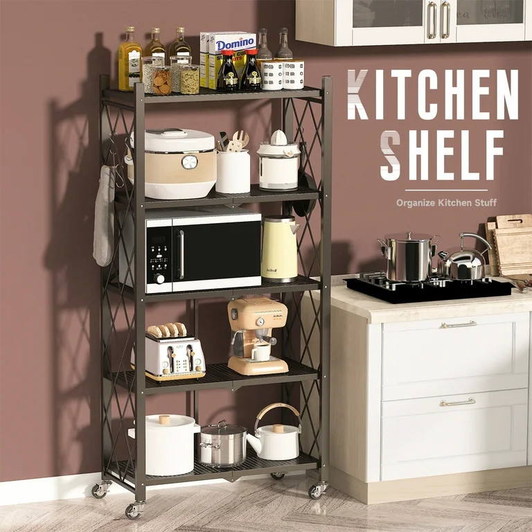 COOKCOK 5-Tier Storage Shelving Unit, Metal Shelf 27.9"x13.4"x62.5, Foldable Storage Shelf with W... | Walmart (US)