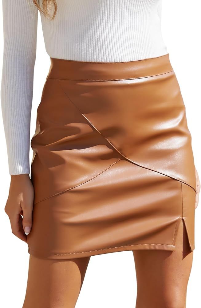 Womens Fuax Leather Skirt High Waisted Bodycon Pencil Mini Skirts with Shorts | Amazon (US)