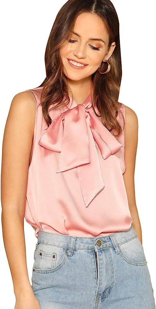 Women's Solid Bow Tie Neck Sleeveless Casual Work Blouse Shirts Tops | Amazon (US)