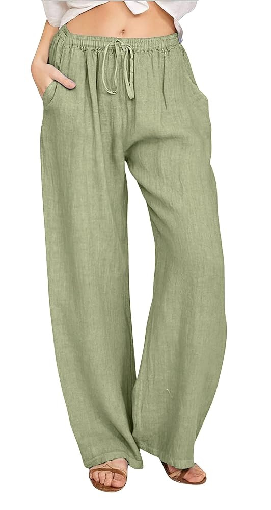 CHARTOU Women's Summer Drawstring Waist Wide Leg Loose Cotton Linen Palazzo Pants | Amazon (US)