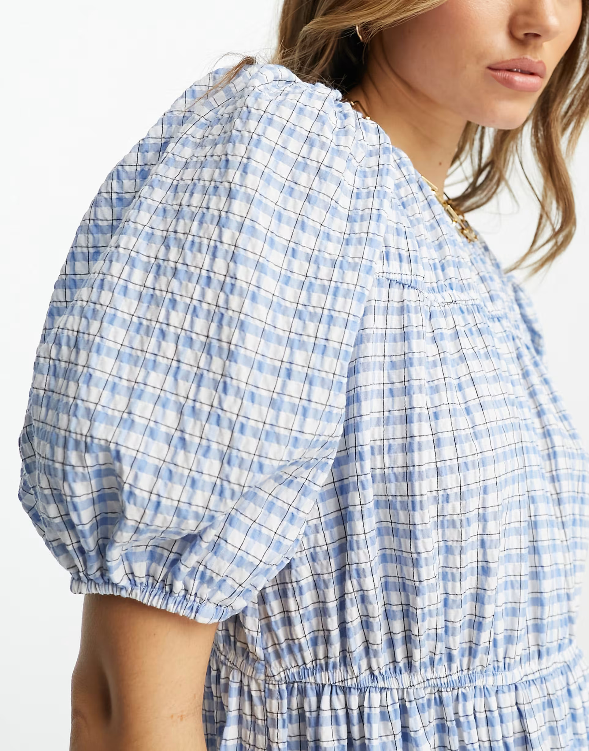 ASOS DESIGN gathered tiered midi dress in blue picnic plaid | ASOS (Global)