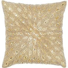 Gold Pillow Cover, Gold Decorative Pillow Cover 16x16 Inch, Gold Throw Pillow Cover, Hand Beaded ... | Amazon (US)