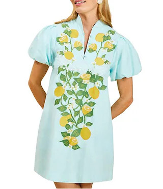 Eliana Sorrento Citrus Embroidered Mandarin Collar Short Puff Sleeve Mini Dress | Dillard's