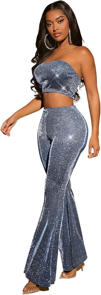 WDIRARA Women's Sparkly Two Piece Set Disco Glitter Outfits Tube Top Flare Pants Set | Amazon (US)