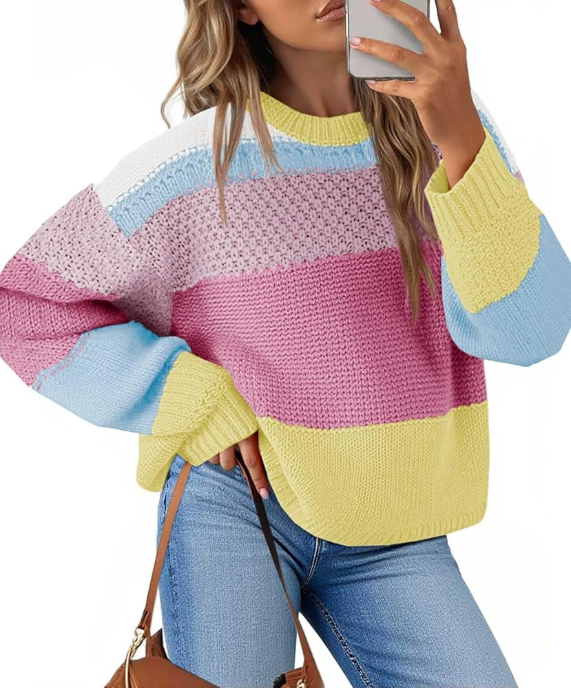 Saodimallsu Womens Color Block Cropped Sweaters 2025 Winter Trendy Casual Oversized Y2k Going Out... | Amazon (US)