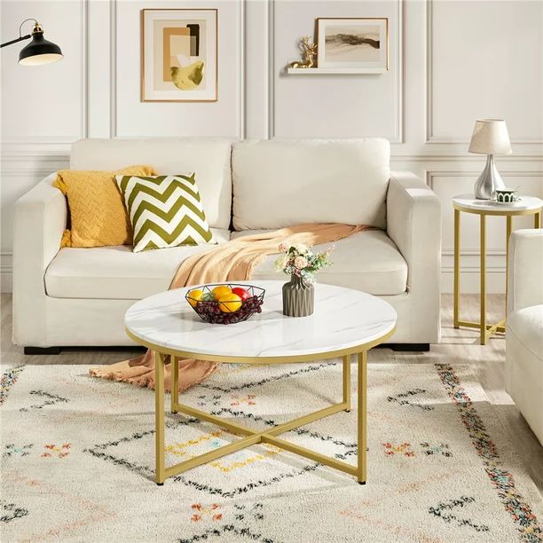 Ember Interiors Modern Round Faux Marble Coffee Table, Gold - Walmart.com | Walmart (US)