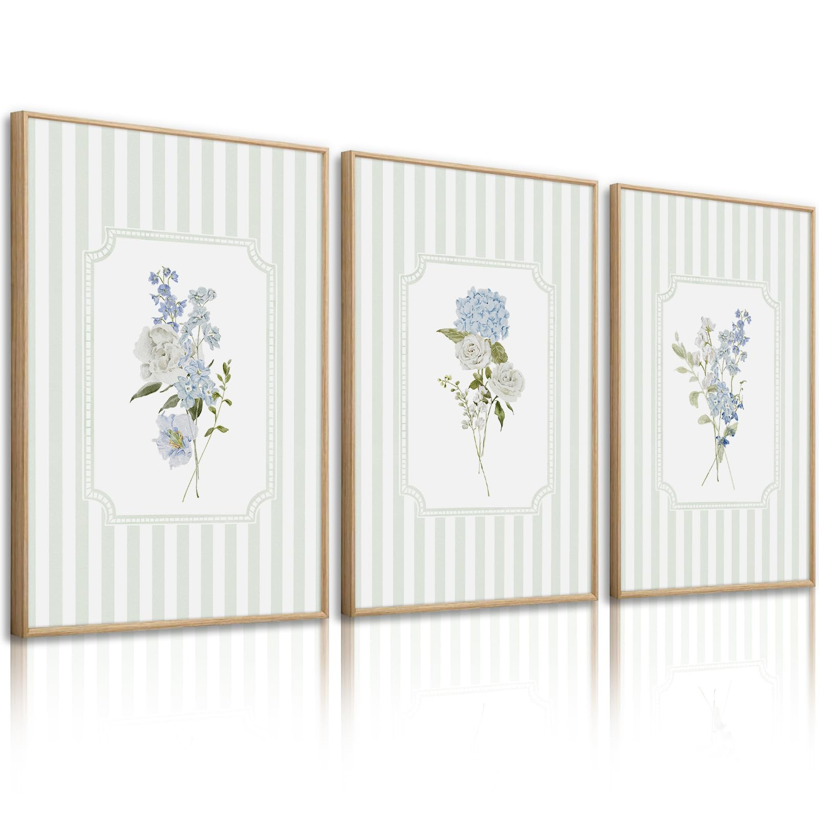 Blue Hydrangea Wall Art Floral Canvas Prints Sage Green Striped Wall Decor Botanical Pictures Chi... | Amazon (US)