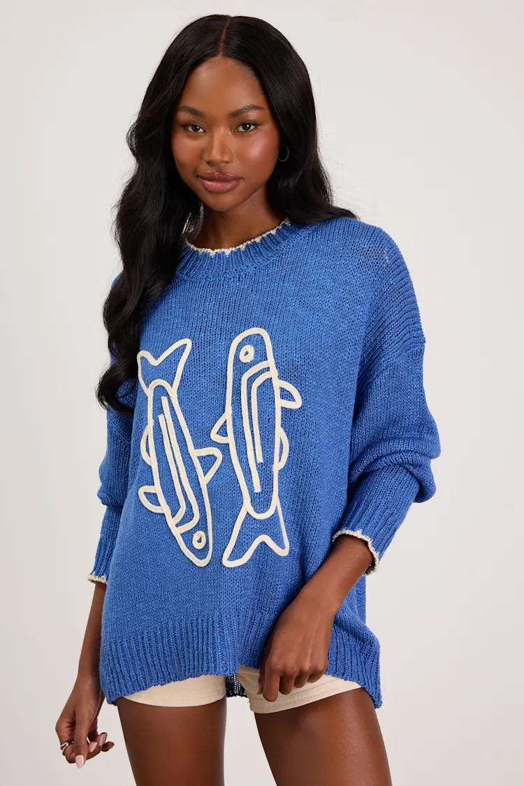 Montauk Blue Embroidered Pullover Sweater | Lulus