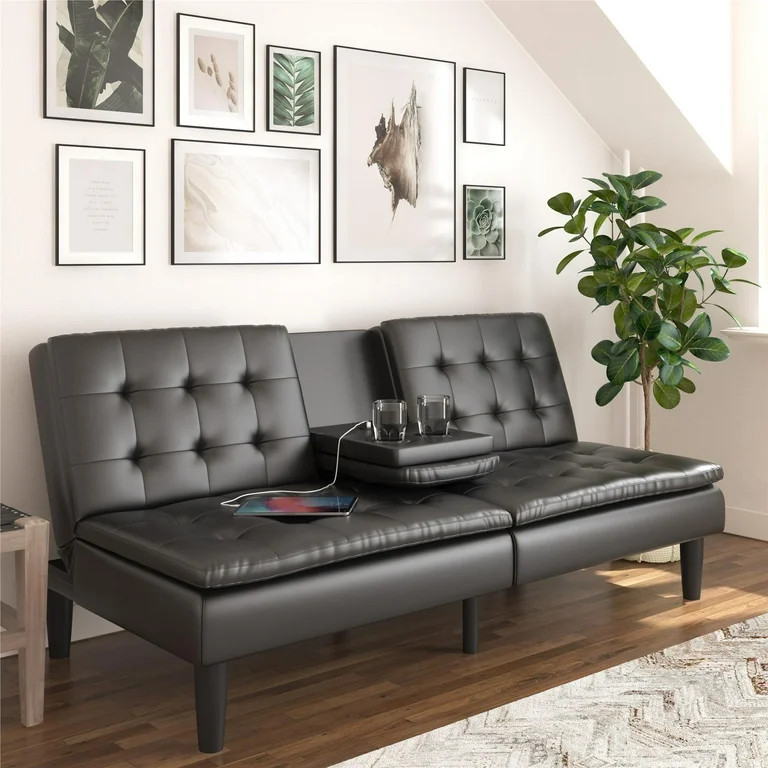 Mainstays Memory Foam Futon with Cupholder and USB, Black Faux Leather | Walmart (US)