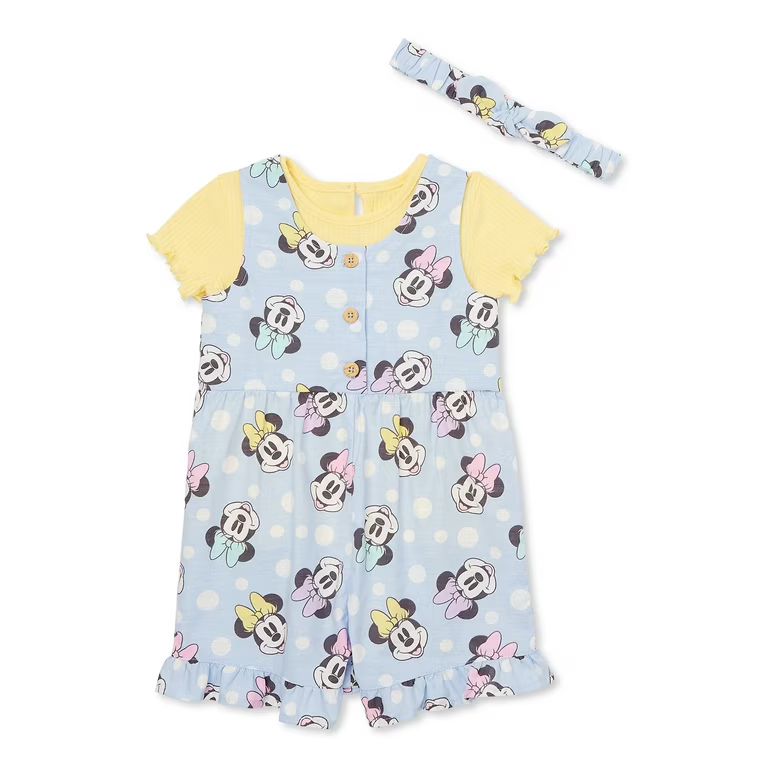 Minnie Mouse Baby Girl Shortall and Tee Outfit Set with Headband, Sizes 0/3M-24M | Walmart (US)