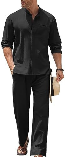 COOFANDY Mens 2 Pieces Cotton Linen Set Long Sleeve Button Up Shirt and Beach Pants Set Summer Yo... | Amazon (US)