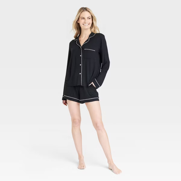 Women's Beautifully Soft Long Sleeve Notch Collar Top and Shorts Pajama Set - Stars Above™ Navy... | Target