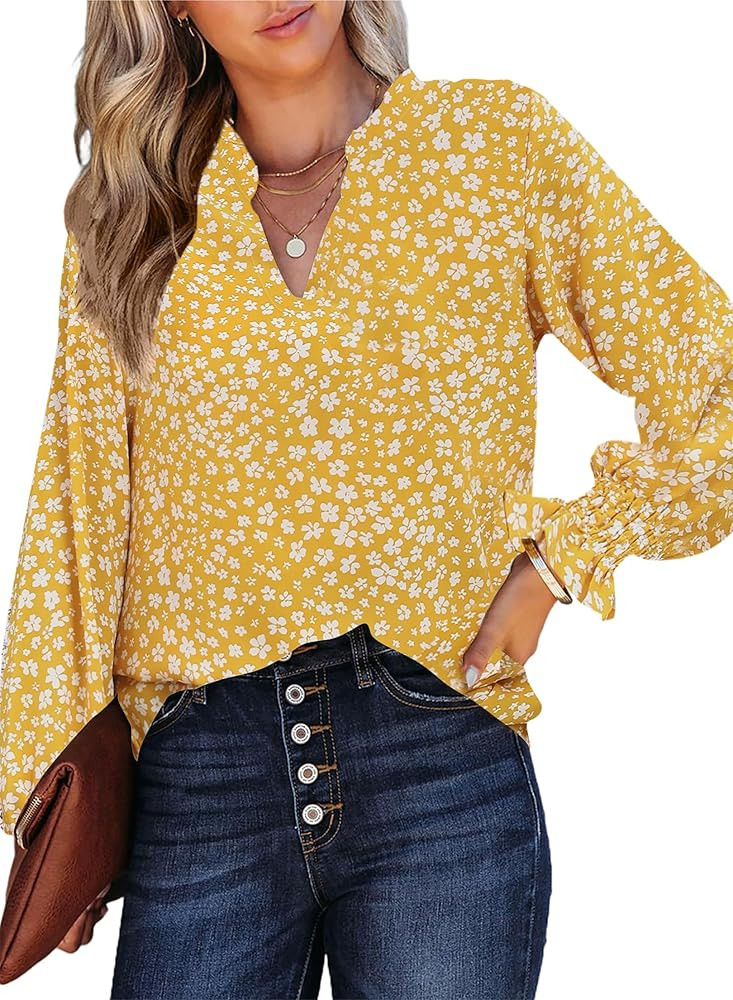 HOTOUCH Women Bohemian V Neck Floral Print Smocked Long Sleeve Casual Tops Chiffon Blouses Boho S... | Amazon (US)
