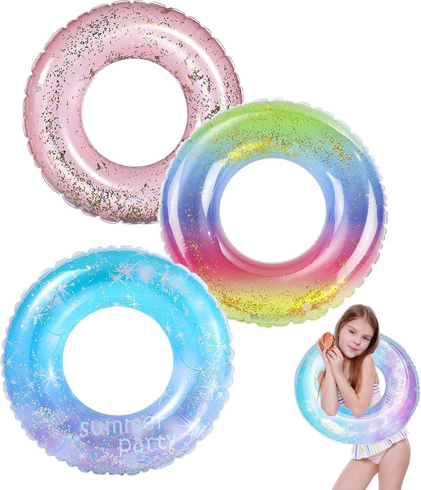 Inflatable Pool Floats for Kids, Glitter Swim Rings for Girls Boys Pool Tubes Toy, Pool Floats Ri... | Amazon (US)