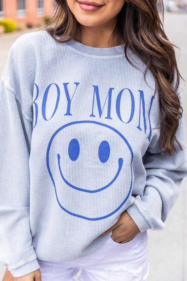 Boy Mom Smiley Faded Denim Corded Graphic Sweatshirt | Pink Lily