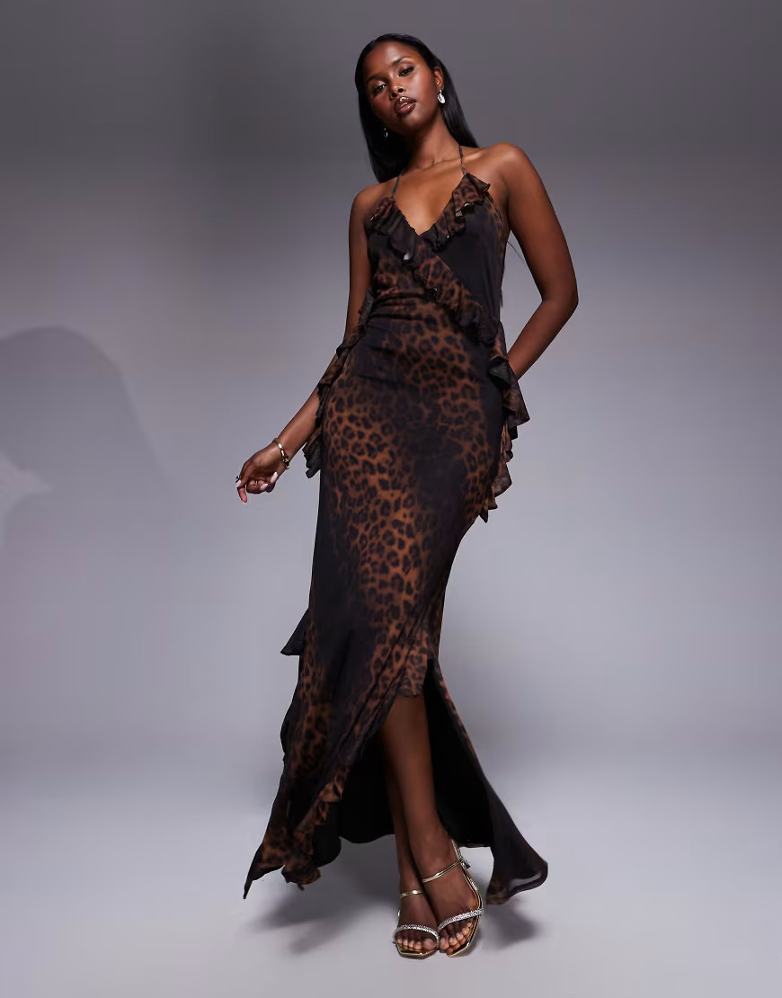 ASOS DESIGN mesh cami frill detail maxi dress in leopard print-Multi | ASOS (Global)