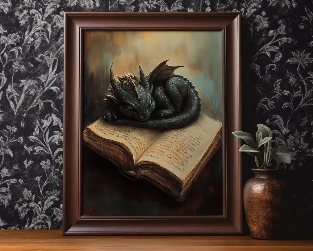 Book Dragon Poster Print Fantasy Book Lover Wall Art Dark Academia Wall Decor Antique Vintage Oil... | Etsy (US)