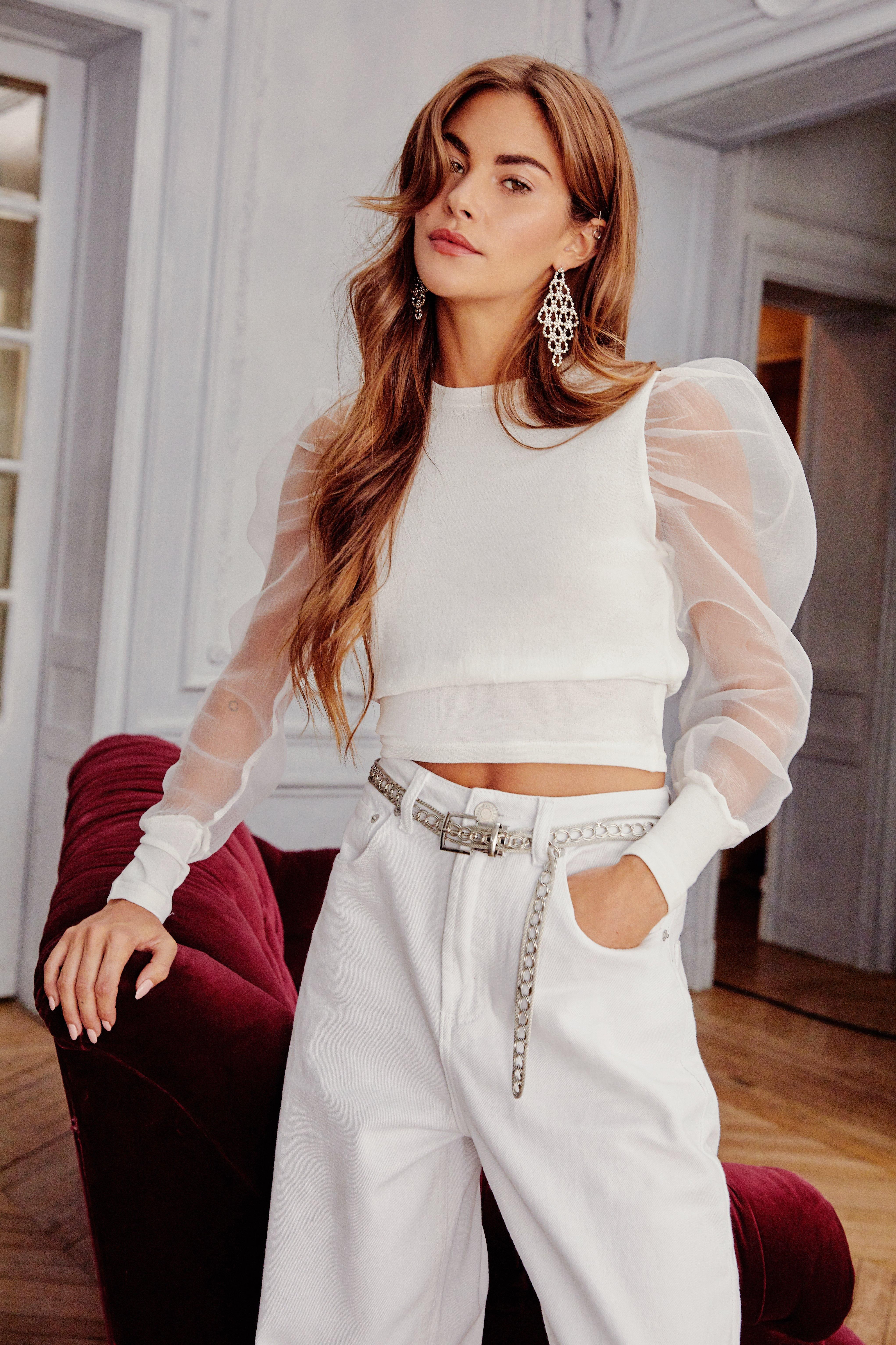 Womens Cropped Knit Sweater with Organza Puff Sleeves - White | NastyGal (US & CA)