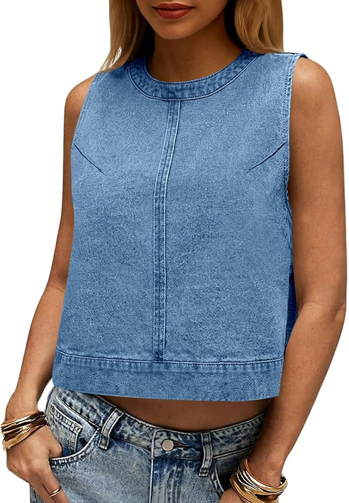 Cicy Bell Womens Denim Tank Tops Crew Neck Summer Casual Sleeveless Shirts Cropped Loose Fit Jean... | Amazon (US)