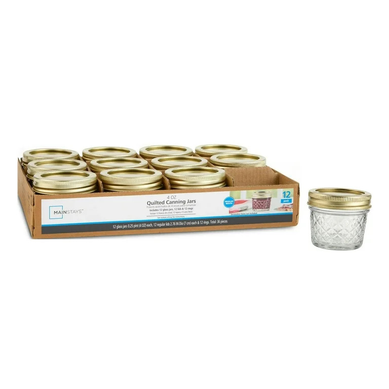 Mainstays 4 oz Mason Jars, Regular Mouth Quilted Canning Jars with Lids and Rings, 12-Pack Mini G... | Walmart (US)