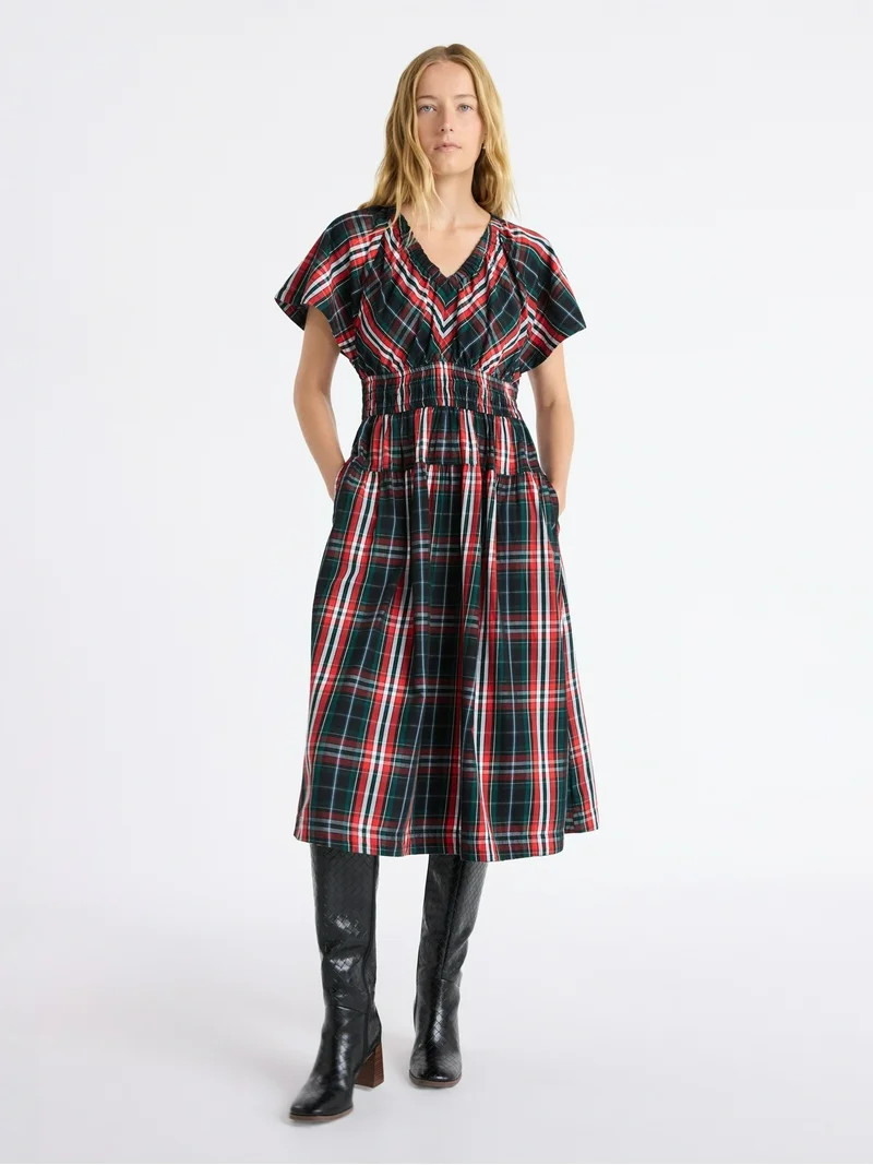 Free Assembly Women's and Women's Plus Cotton Smocked Waist Midi Dress with Flutter Sleeves, Size... | Walmart (US)